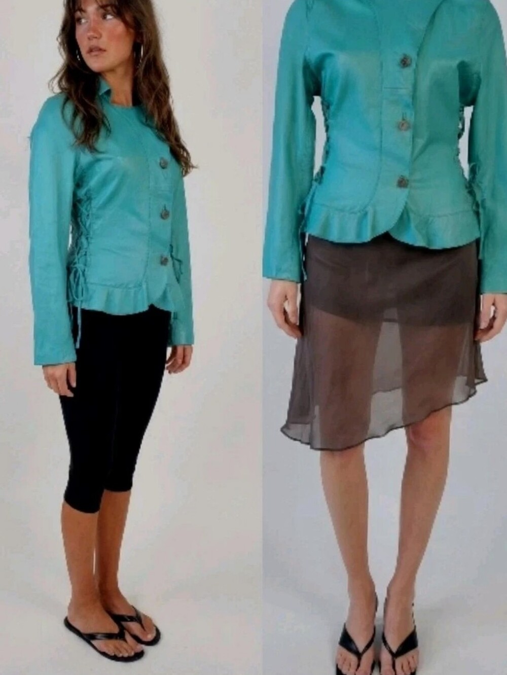 Vtg Y2K Cache Luxe Turquoise 100% Lambskin Leather Jacket Lace Up Peplum! M NEW
